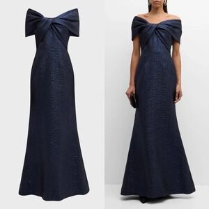 NWT‎ Teri Jon by Rickie Freeman Metallic Jacquard Off-the-Shoulder Gown - Size 2